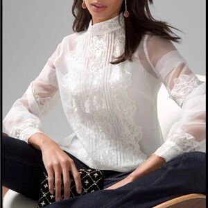 White House Black Market Organza Lace Trimmed Blouse Sheer White Sz 6